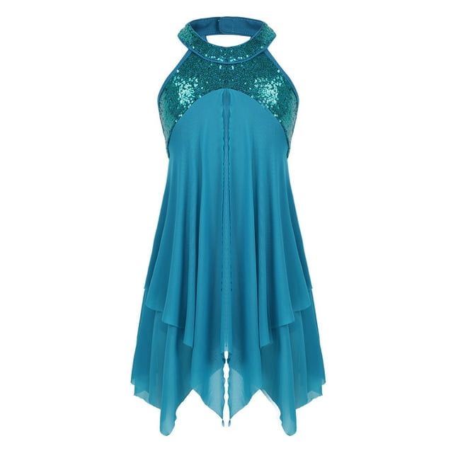 TSSOE Robes de Danse Ballet pour Filles, Sequins, Costumes de Danse Contemporains Modernes, Robe Justaucorps Sans Manches Turquoise 12