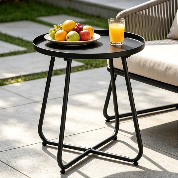 Keerffo Patio Round Metal Side Table, Outdoor & Indoor Small End Table with Anti-Rust Tray Top, Adjustable Foot Pads, Heavy Duty Accent Side Table for Patio, Balcony, Living Room