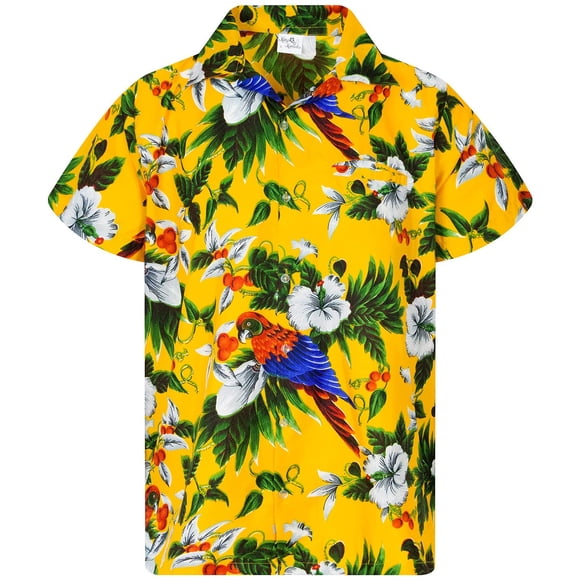 KING KAMEHA Chemise Vintage-Hawaïenne pour Hommes Manches Courtes Décontractées à Boutons, Cerise-Parrot, Jaune, L