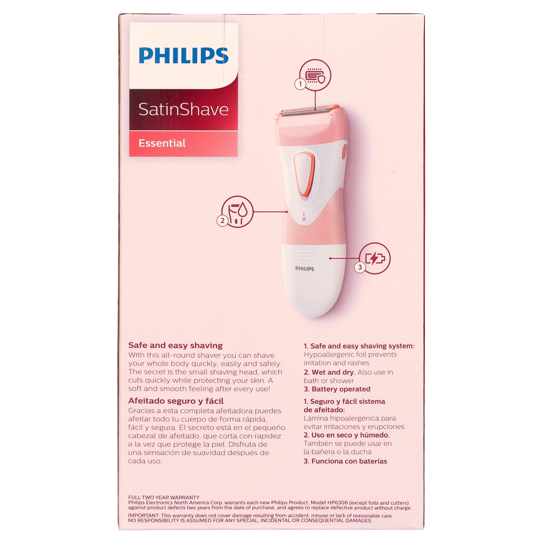 Philips SatinShave Essential Women\'s Electric Shaver for Legs, Cordless Wet  and Dry Use (HP6306)
