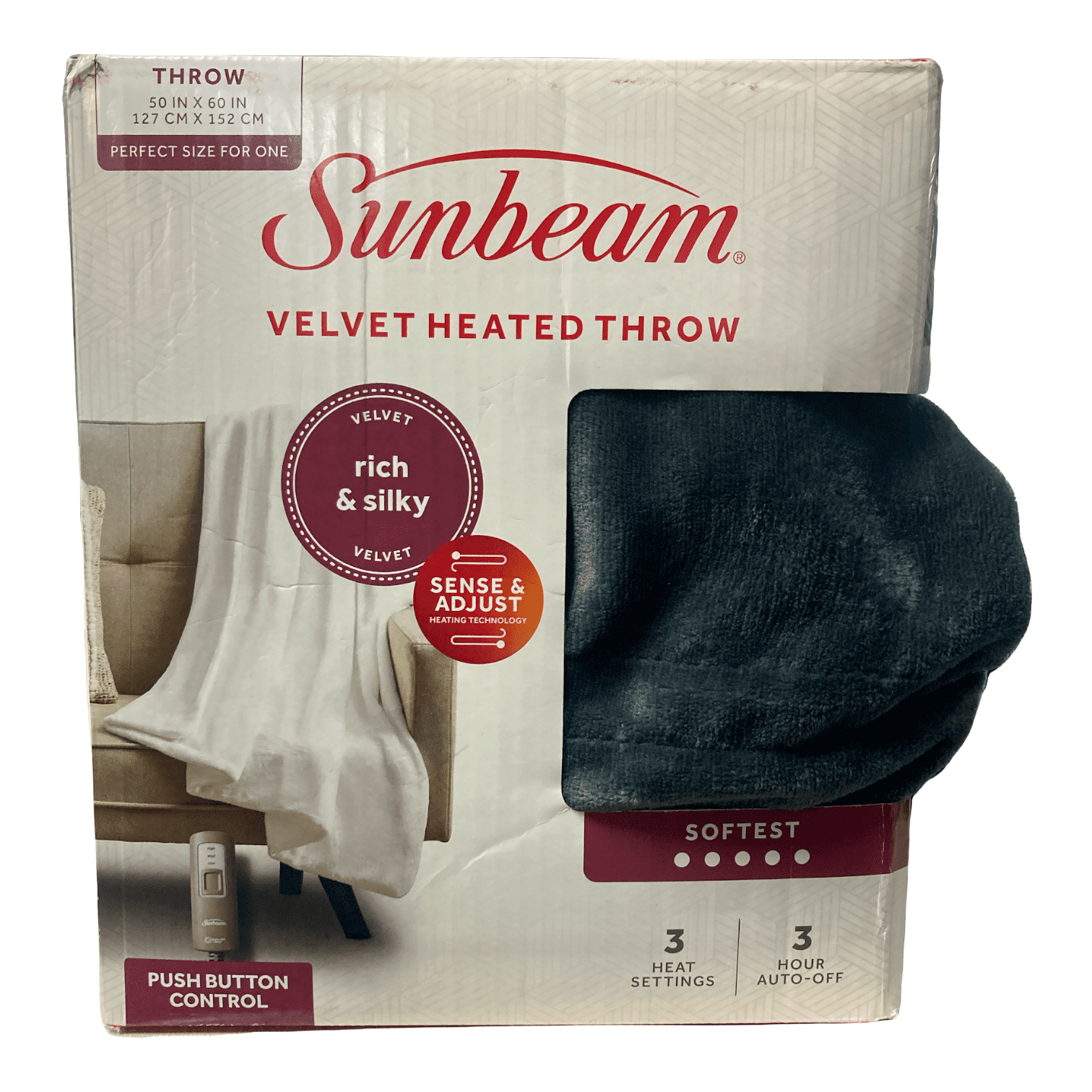 Sunbeam Electric Heated Throw Blanket Velvet Plush Washable with 3 