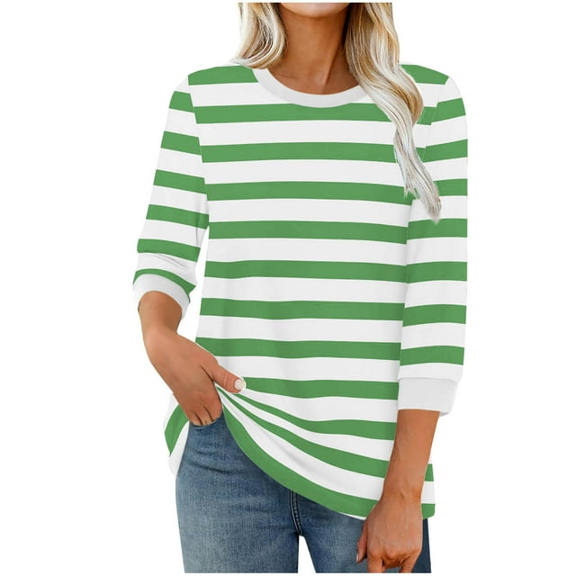 GreatBaby Hauts Décontractés pour Femmes Automne Contraste Couleur Rayée Manches 3/4 Col Rond Blouses Mode Confortables pour Porter au Quotidien Vêtements (Vert Armée1,S)