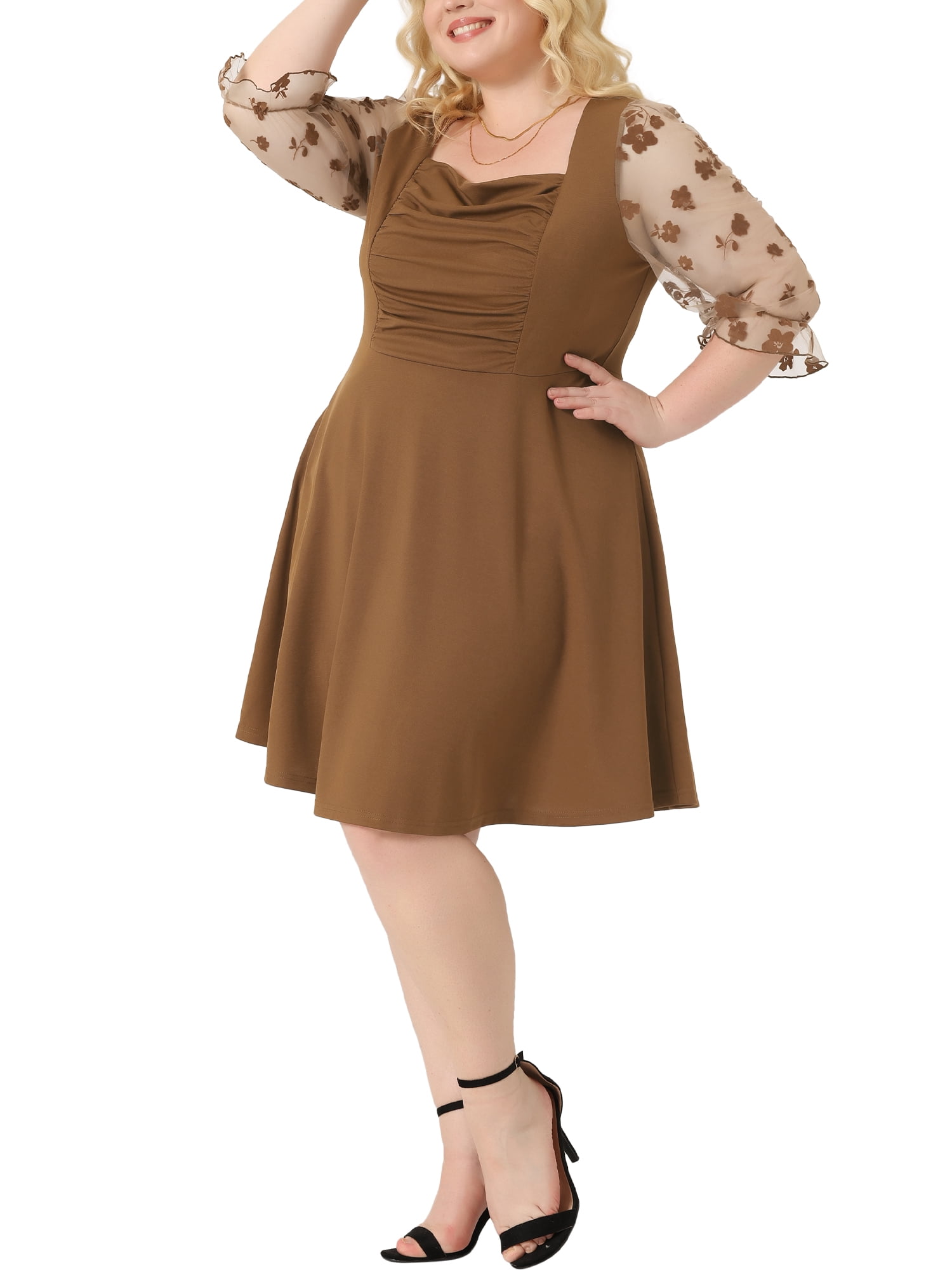 DARING DIVA Plus Size Square Neck Sheer Ruffle Flowy A-Line Midi Dress 4X Brown