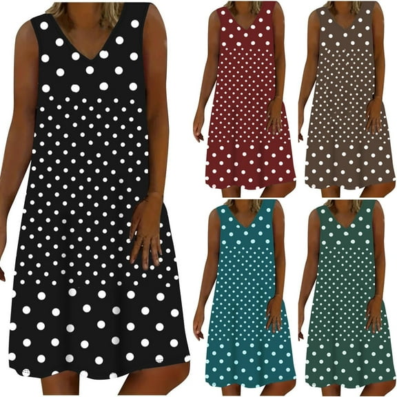 Feancey Boho Sundress for Women 2025 Casual Polka Dot Print Midi Dresses Summer Sleeveless V Neck Tank Dress Loose Flowy Beach Vacation Dresses Coffee S