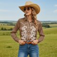 thumbnail image 3 of Cowgirl Cowboy Shirts Women Western Floral Print Button Down Tops Long Sleeve Snap Outfits Spring Fall Coffee XL, 3 of 5