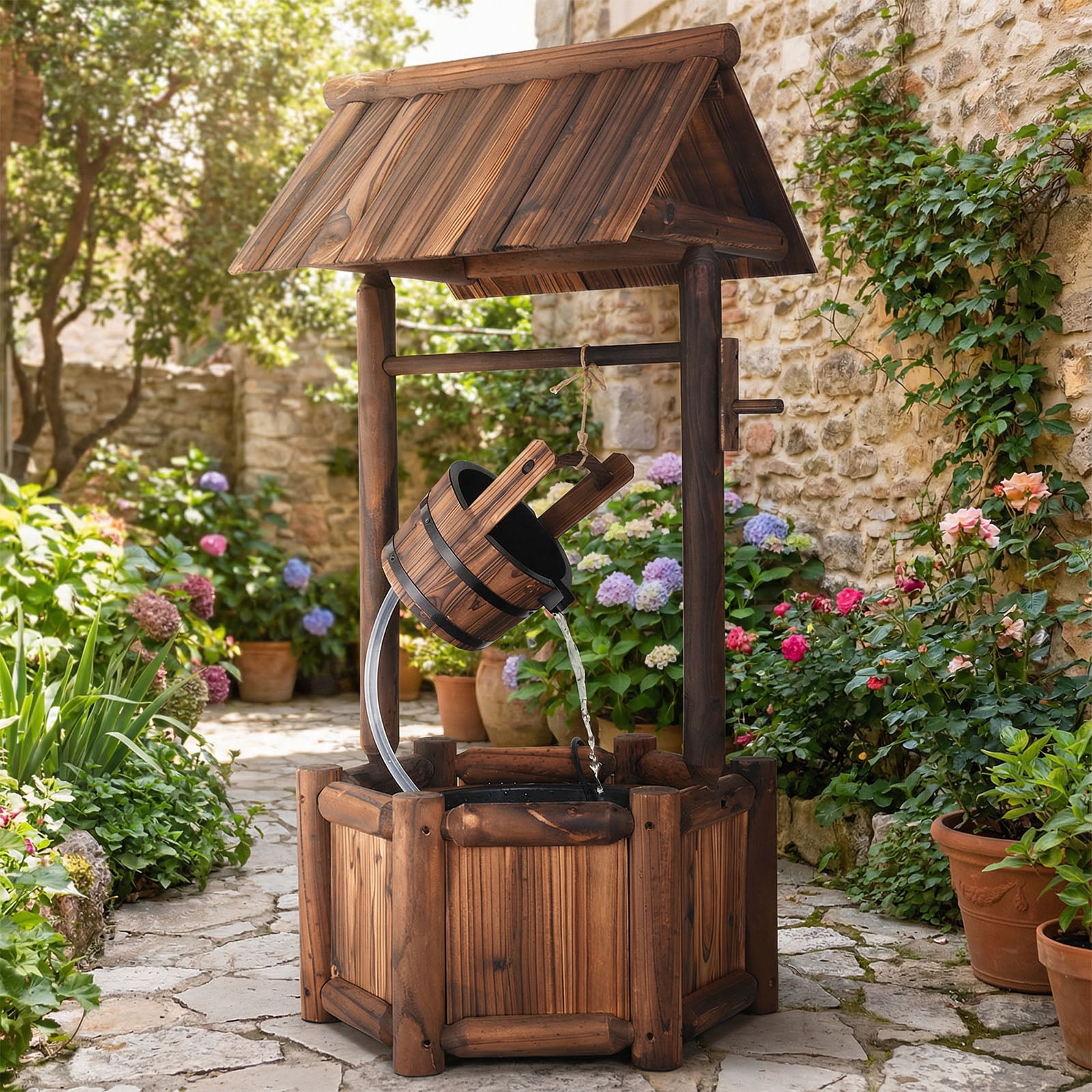 Patiojoy Rustic Wishing Well Water Fountain Wooden Decorative Electric Backyard with Electric and Water Bucket Pump for Outdoor