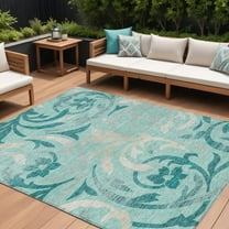 HomeRoots 585818 9 x 12 ft. Floral Washable Indoor & Outdoor Rectangle Area Rug, Teal Blue, Aqua & Beige