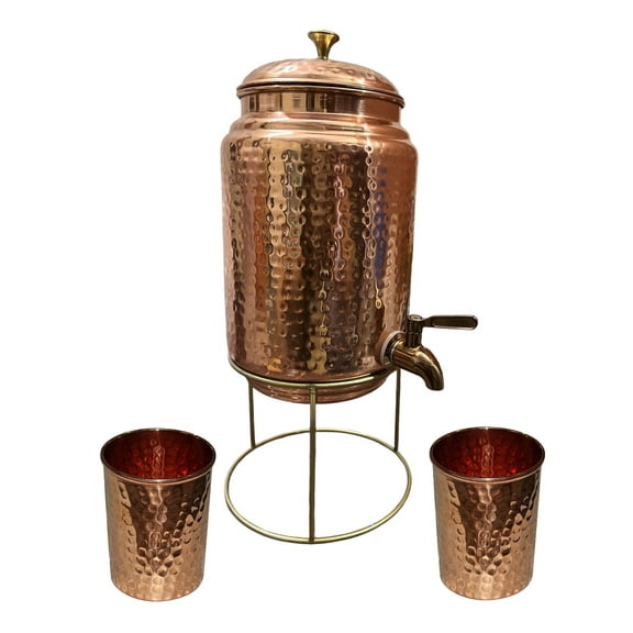 Pure Copper Hammered Design 5 Liter Water Pot/Dispenser/Container/Matka/Tank with Brass Stand, Tap & Knob, 2 Copper Tumbler for Storage & Serving