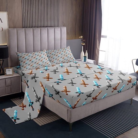 Erosebridal Sword Game Bed Sheets Set Queen Size for Teens, Cartoon Gaming Bed Sheets Queen, Geometric Decor 4pcs
