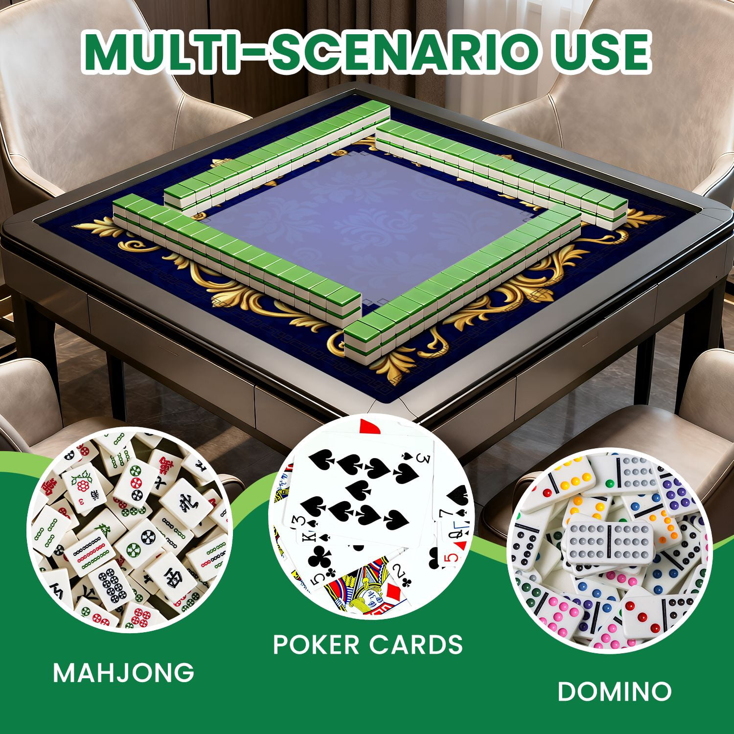 Mahjong Mat 31.5" x 31.5" Elegant Ornate Gold Frame Floral Deep Blue Non-Slip Noise Reduction American Mahjong Tiles Table Cover for Dominoes Poker Card Board Games Gift