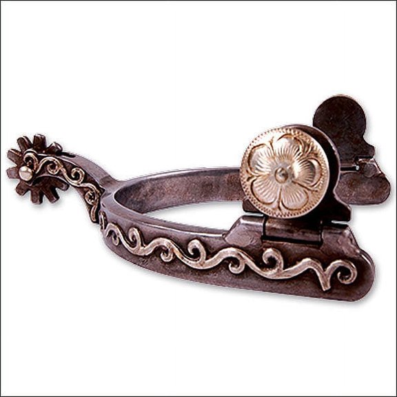Classic Equine Scroll 12pt Youth Spurs - 1/2" Band, 1-1/4" Shank - Greyed Iron & German Silver Scroll