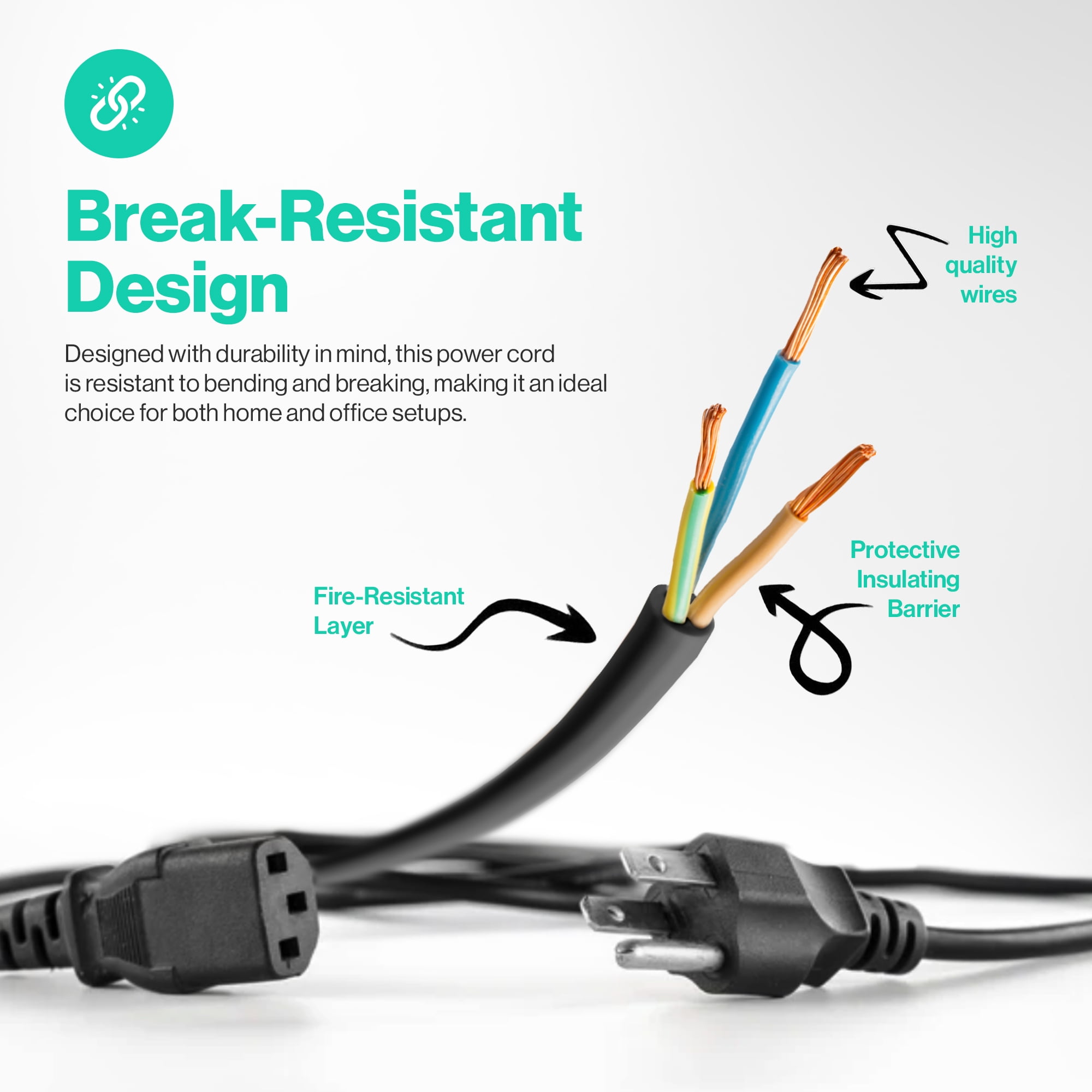 Universal 3FT 3 Prong Power Cord C13 AC Electric Cable For Computer, Monitor, TV, Appliance