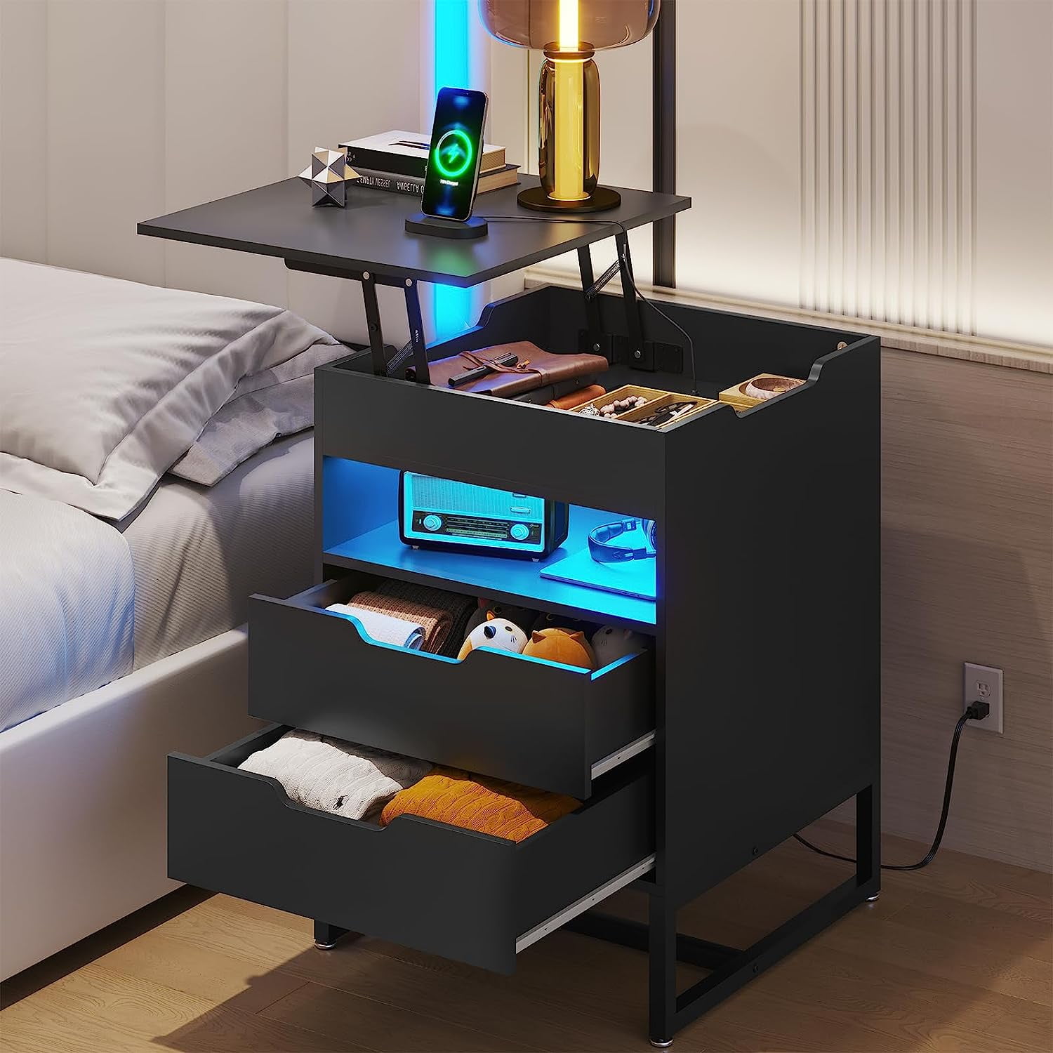 Nightstand with Charging Station and LED Lights, Black End Side Table