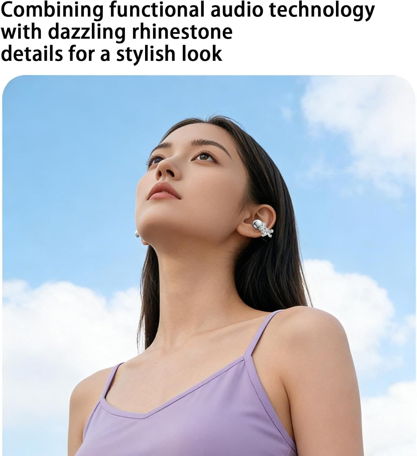 Clip-On Open Ear Bluetooth Headphones with AI Translation & Noise Cancelling - IPX7 Waterproof, Rhinestone Design, 144 Languages, Wireless Earbuds for Women (Purple) P