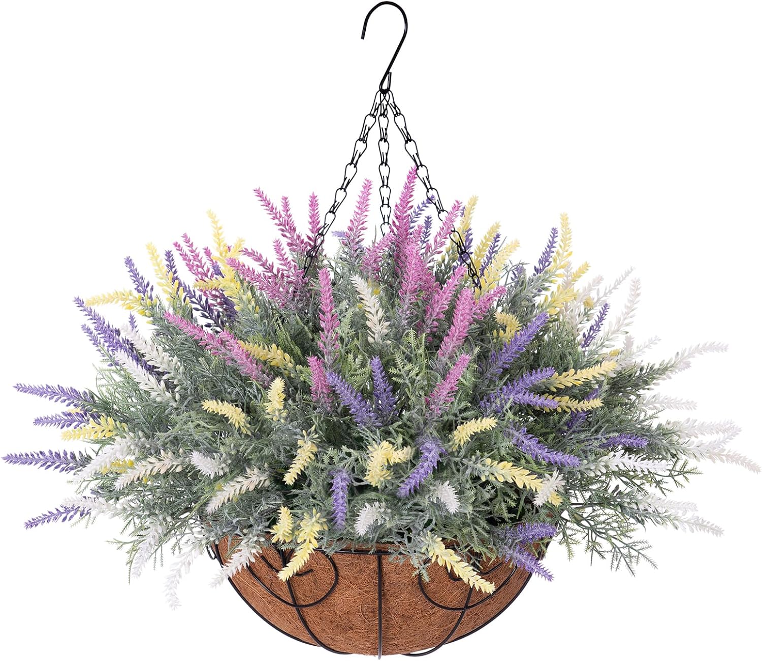 Artificial Fake Hanging Flowers Plants Basket for Outdoor Outside Spring Summer Decoration, Faux Mixed Colorful Lavender in Planter Look Real UV Resistant for Home Patio Porch Balcony Yard
