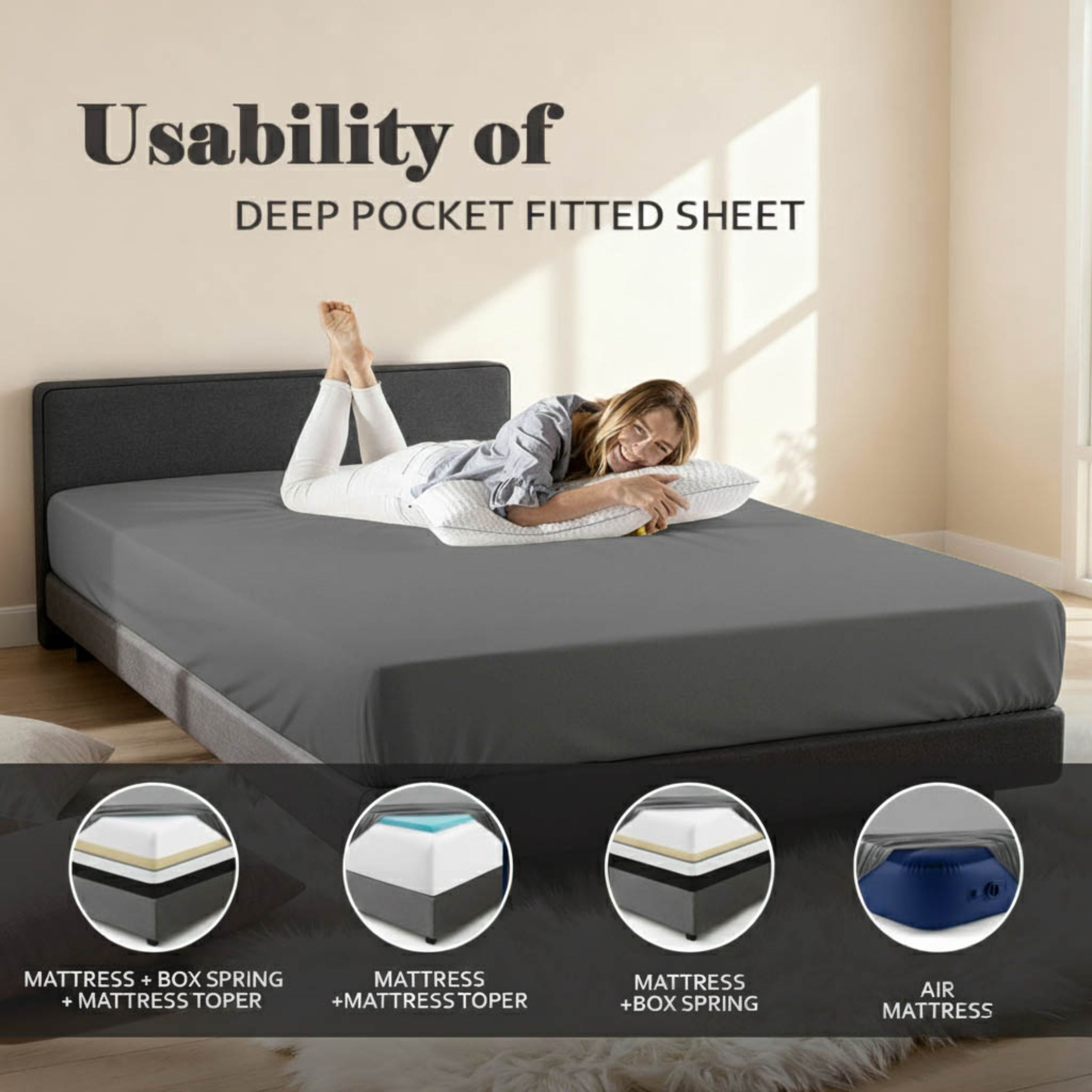 Superior 650 TC Egyptian Cotton Fitted Sheet, Extra Deep Pocket - 18 Inch, Queen Size, Grey