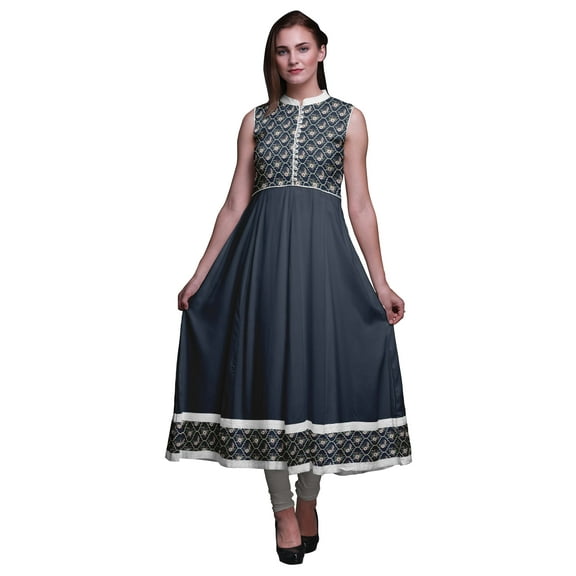 Bimba Dark Blue Damask Printed Women Designer Mandarin Collar Anarkali Dress Indian Ethnic Kurta Medium