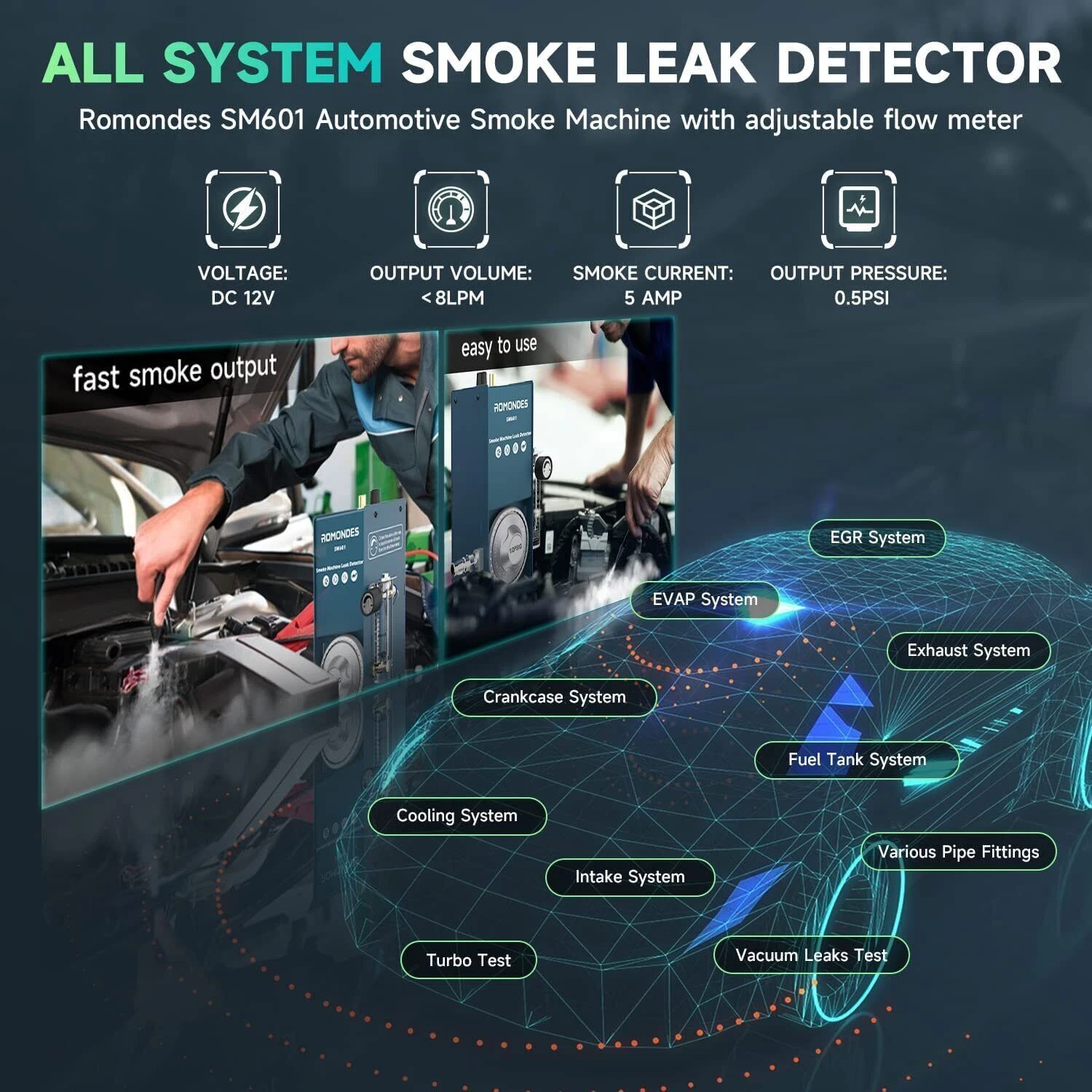 Romondes SM601 EVAP Smoke Automotive Auto Vacuum Leak Detector Machine Tester Diagnostic Tools