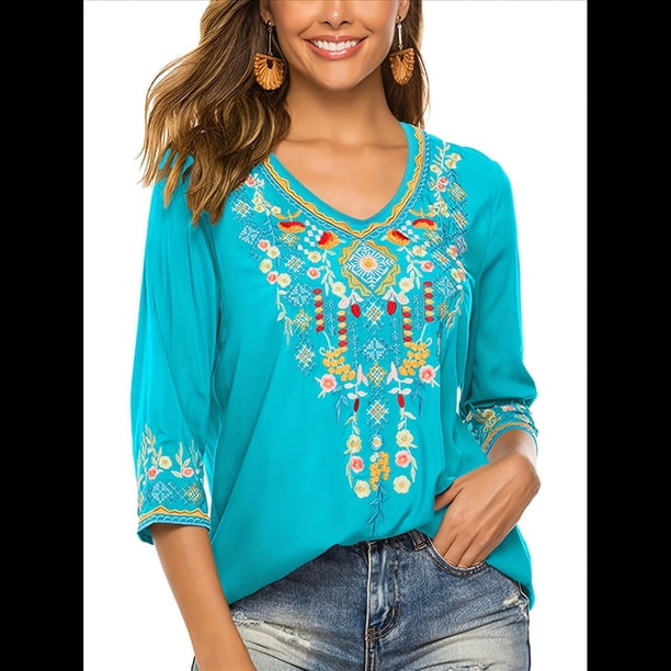 Blusas Mexicanas para Mujer, Camisas Bordadas, Ropa Hippie, Túnicas de Fiesta, Blusas Bohemias Campesinas de Talla Grande. Azul 5XL