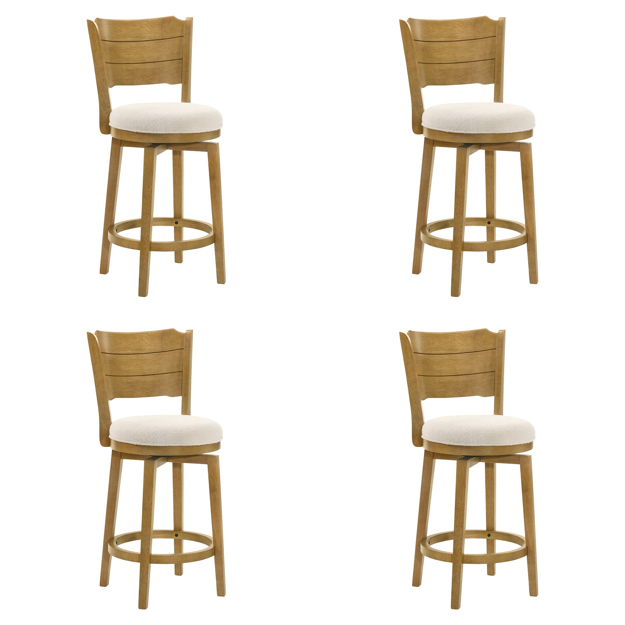 Winsley Coastal Modern Swivel Wood Counter Height Kitchen Bar Stool in Amber Glow Finish with White Boucle Fabric Upholstered Seat - Set of 4