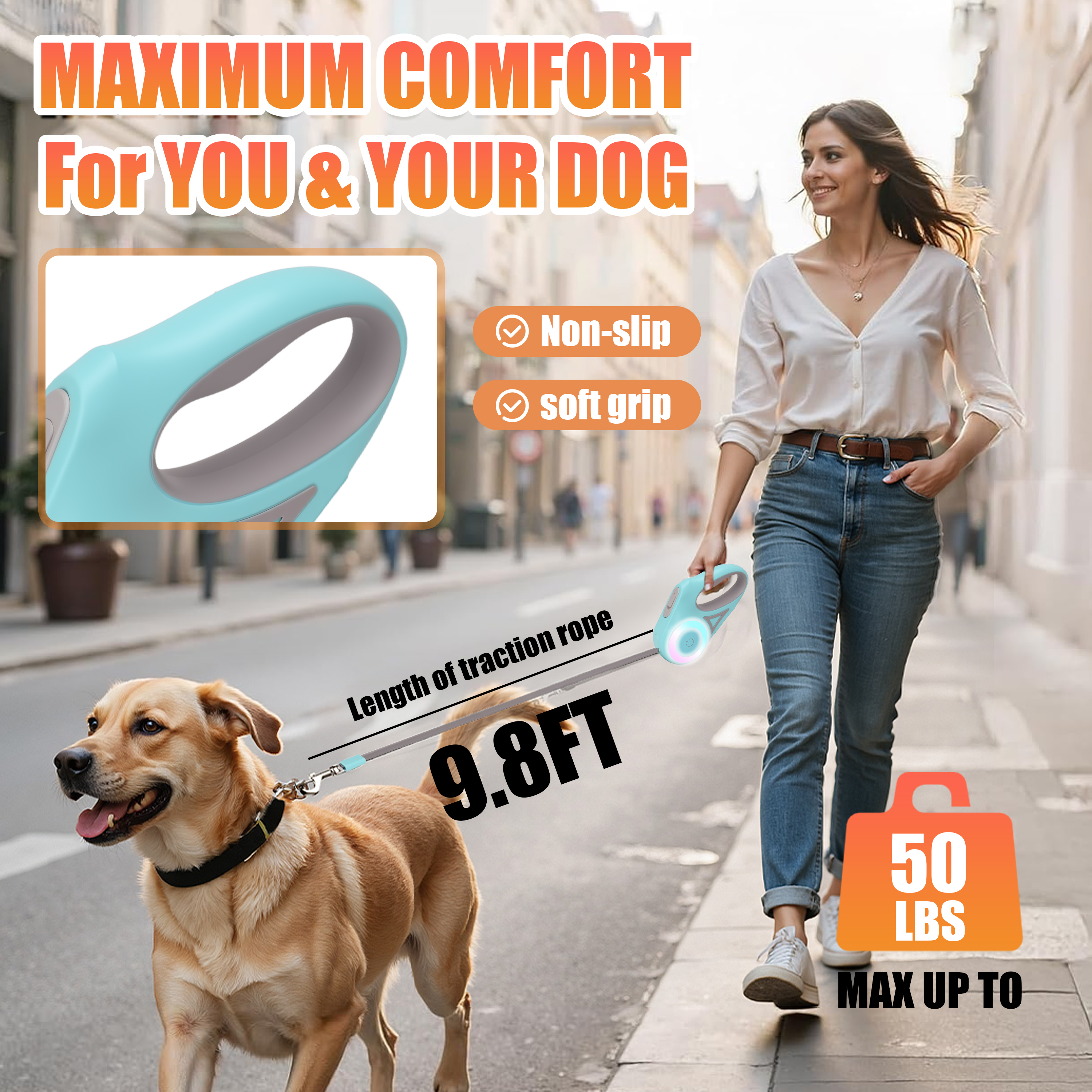 9.8FT Retractable Dog Leash with LED Light, U-Shape Tangle-Free Design & RGB Side Lights, for Small/Medium Dogs Up to 50 lbs (Batteries Not Included)