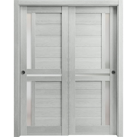 Sliding Closet Bypass Doors 60 x 84 inches | Veregio 7288 Light Grey Oak with Frosted Glass | Sturdy Rails Moldings Trims Hardware Set | Wood Solid Bedroom Wardrobe Doors