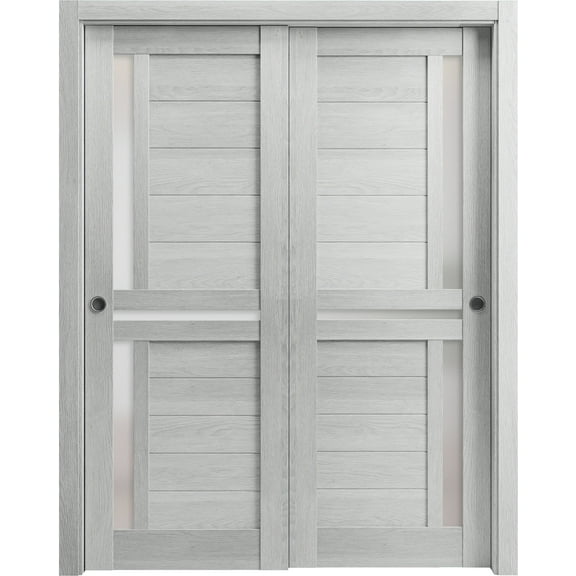 Sliding Closet Bypass Doors 48 x 80 inches | Veregio 7288 Light Grey Oak with Frosted Glass | Sturdy Rails Moldings Trims Hardware Set | Wood Solid Bedroom Wardrobe Doors