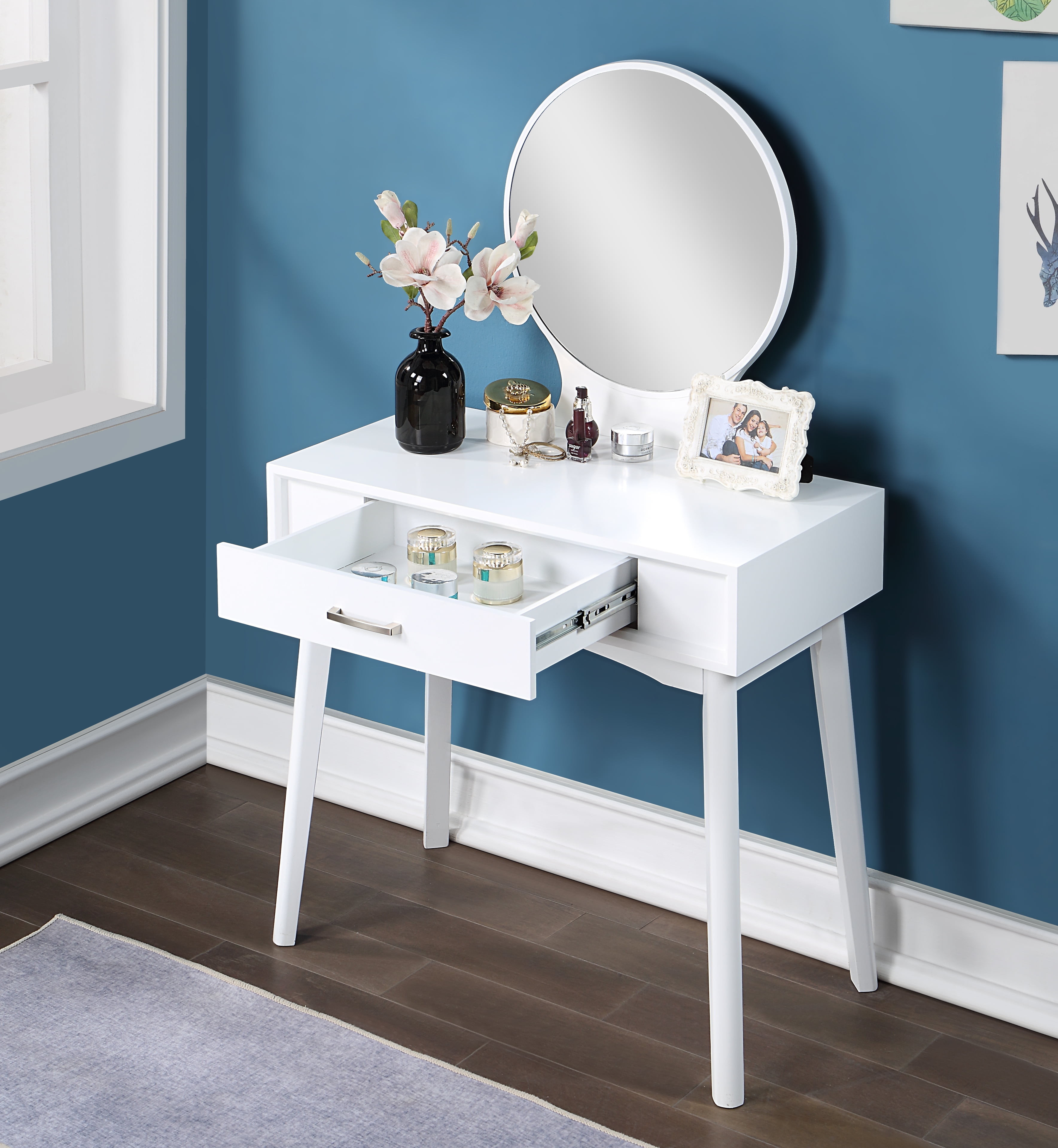 Mintazer Modern Vanity Table Set, Round Mirror Makeup Dressing Table with Drawers & Upholstered Stool for Bedroom, White