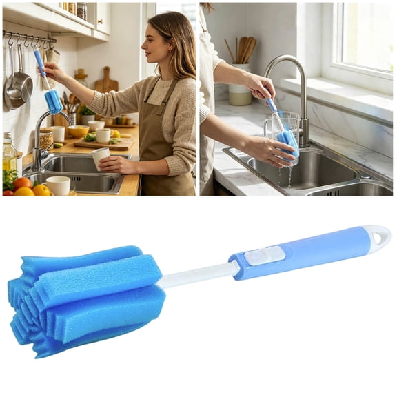 Dish Washing Brush With Handle, Cleaning Brushes for Household Use, Adjustable Long Handle Water Bottle Brush, For Soft Foam Dish Cleaning Brush For Wine Glasses Mugs Cups & Kettles (Blue)