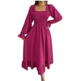 thumbnail image 1 of cfhntfmh Cocktail Dresses for Women Fashion Bell Bottom Long Sleeve Square Neck Midi Dress Soft Smocked Ruffle Party Dress, 1 of 7