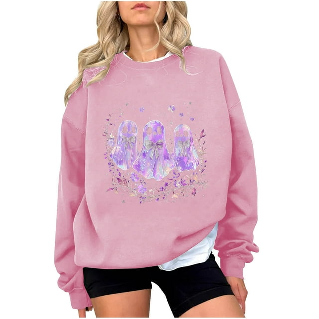 Womens Ghost Print Sweatshirt Light Warm Pullover Sweater Blouses Round Neck Tops Long Sleeve Blouse Ultra Soft Textured Athletic Sweater Spring Outfits 2025 Pullover Fall Winter Clothes
