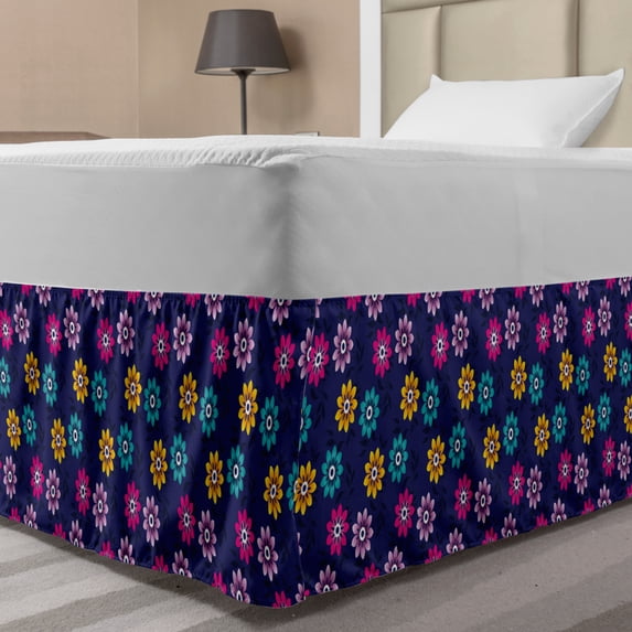 Floral Bed Skirt, Simplistic Modern Botanical Pattern with Colorful Flowers, Elastic Bedskirt Dust Ruffle Wrap Around for Bedding Decor, 4 Sizes, Indigo and Multicolor, by Ambesonne