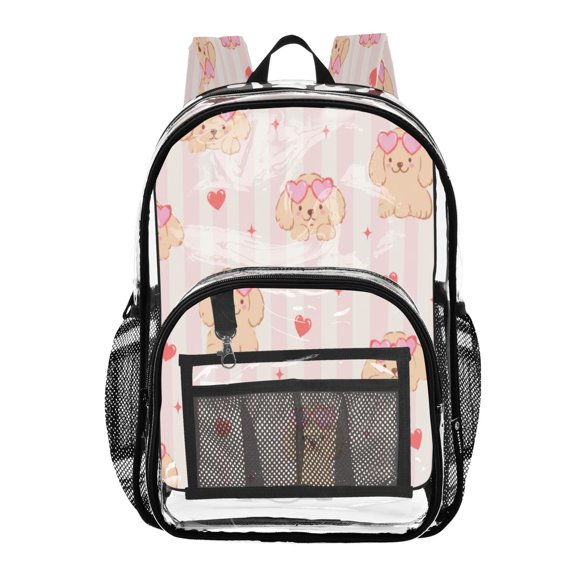 Clear PVC Backpack 12L Transparent Shoulder Bag with Mesh Pockets Cute Dog Heart Glasses Pattern