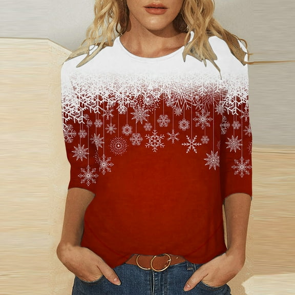 up to 60% off Gifts Fall Fashion Womens Tee Tops Womens Christmas Shirts Merry Xmas Round Neck Lightweight Ladies Pullover Blouses Trendy Snowflake Print Winter 3/4 Sleeve Tee Tops Tops Weekly