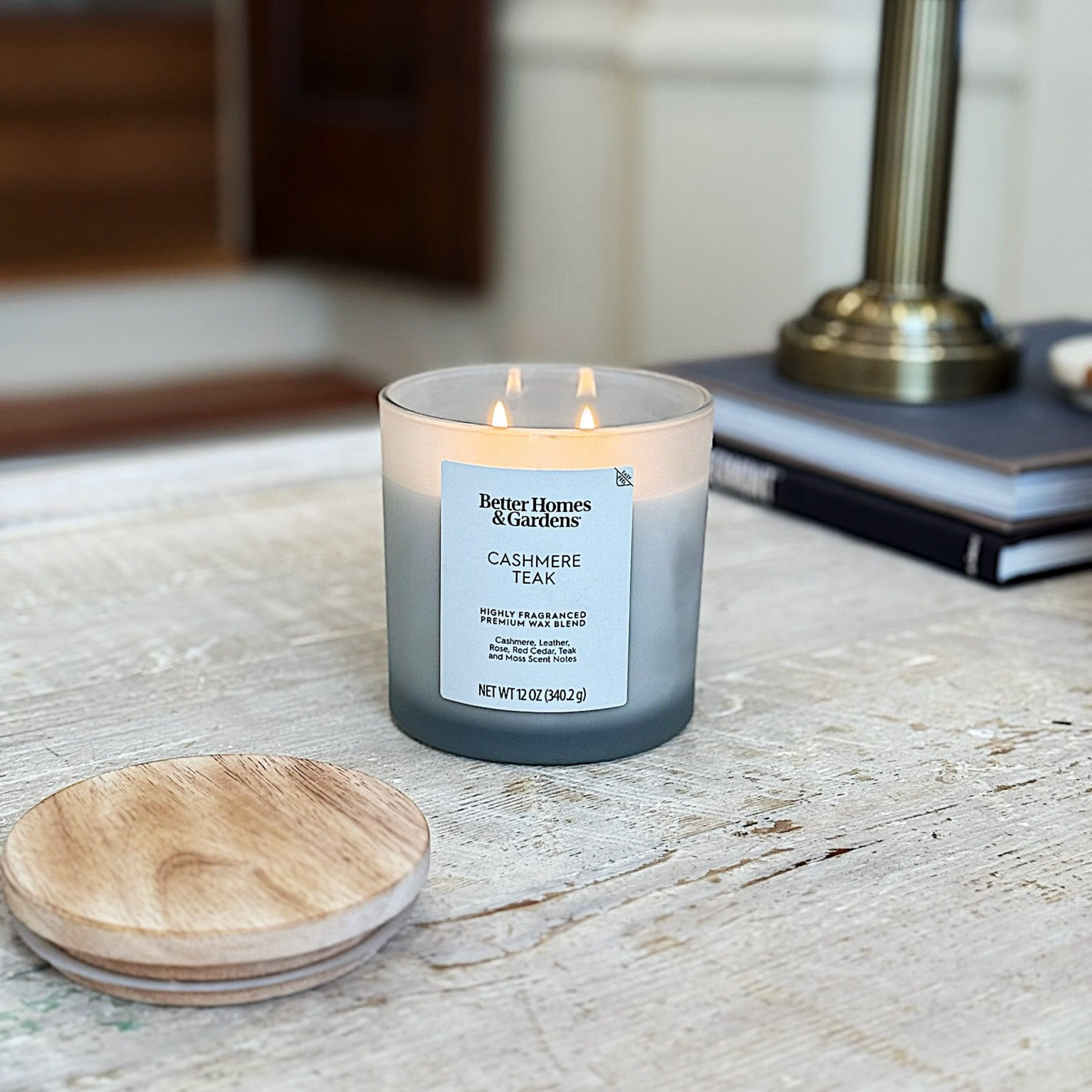 (4 pack) Better Homes and Gardens Cashmere Teak Scented 2-Wick Frosted Jar Candle 12oz.
