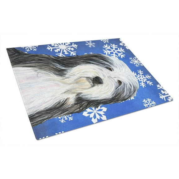 Caroline's Treasures Bearded Collie Winter Snowflakes Holiday Glass Cutting Board Large