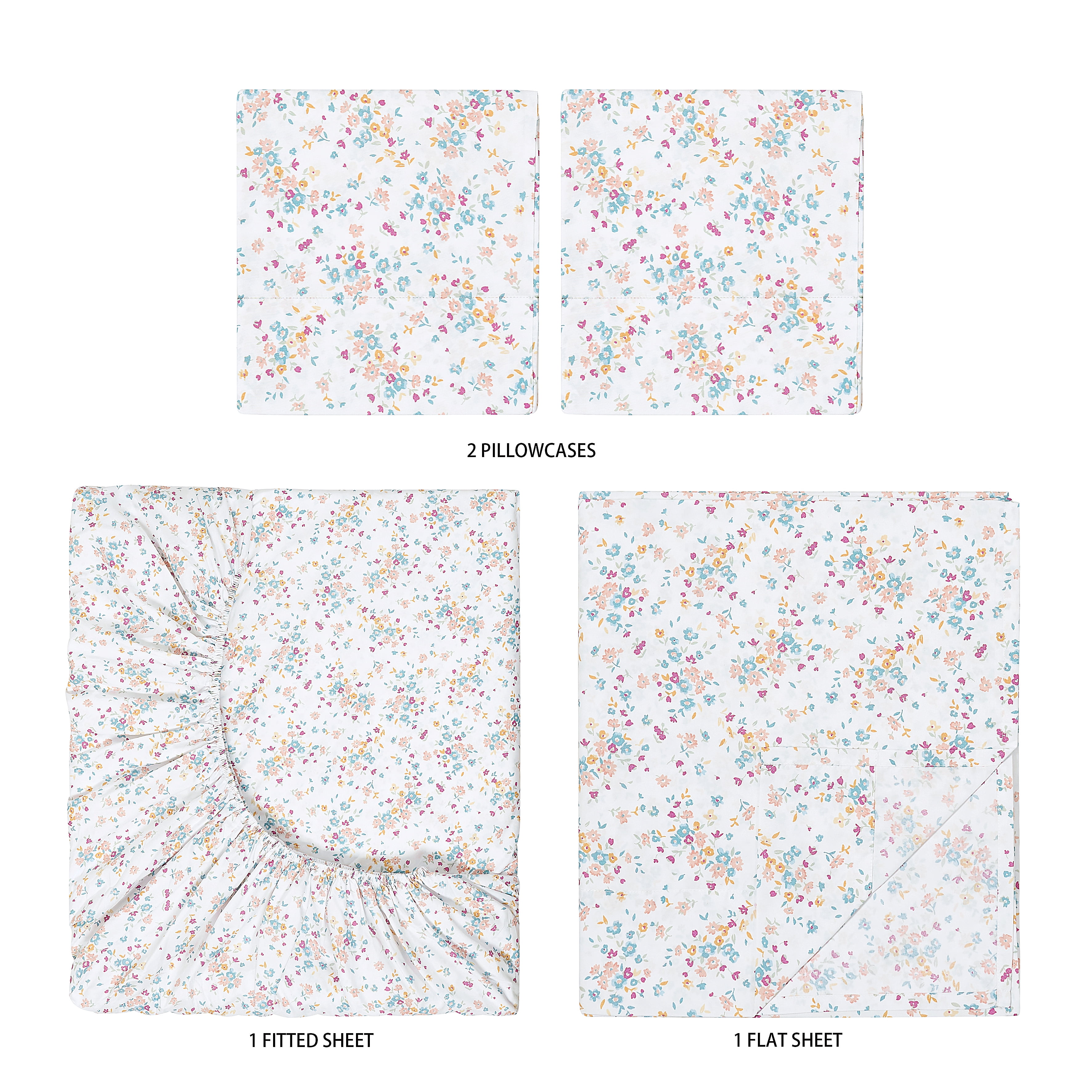 Mainstays Super Soft Brushed Microfiber Bed Sheet Set, King, White Floral, 4 Piece