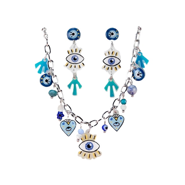 Set collar y aretes artesanales ojo turco