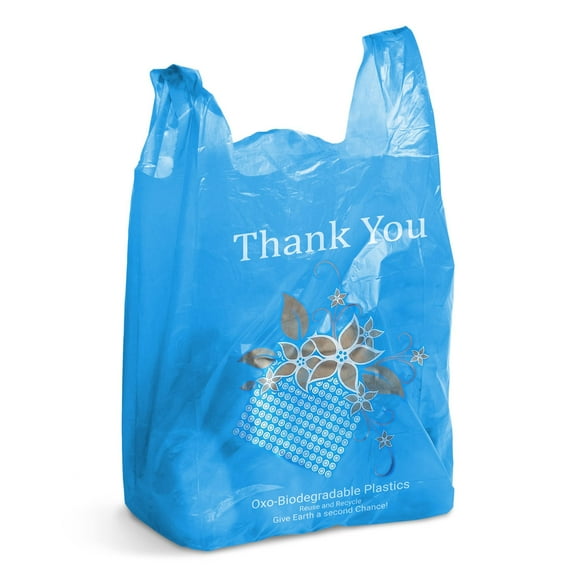 Pack of 2000 OXO-Biodegradable Mini Jumbo Thank You Plastic Bags 16 x 8 x 26 Blue Carry-Out T-Shirt Bags 16x8x26, Thick 18 Micron. Preprinted Environment Friendly Shopping Bags for Retail Stores