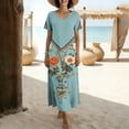 thumbnail image 5 of Women Dresses Ndbuld Women's Loose Short Sleeved Round Neck Fashion Bohemian Flared Split Floor-Length Maxi Dress Light Blue XL, 5 of 7