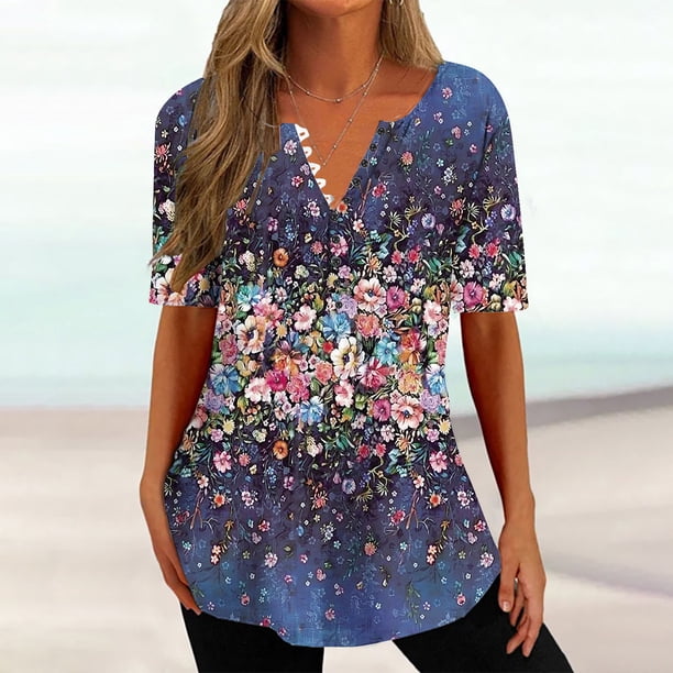 ICHUANYI ClearanceWomen's Fashion V-neck Print Casual Loose Short Sleeve Top Short Sleeve V-neck Top/Shirt(Blue, M) ICHUANYI WER20232080501056