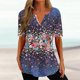 thumbnail image 1 of ICHUANYI ClearanceWomen's Fashion V-neck Print Casual Loose Short Sleeve Top Short Sleeve V-neck Top/Shirt(Blue, M) ICHUANYI WER20232080501056, 1 of 5