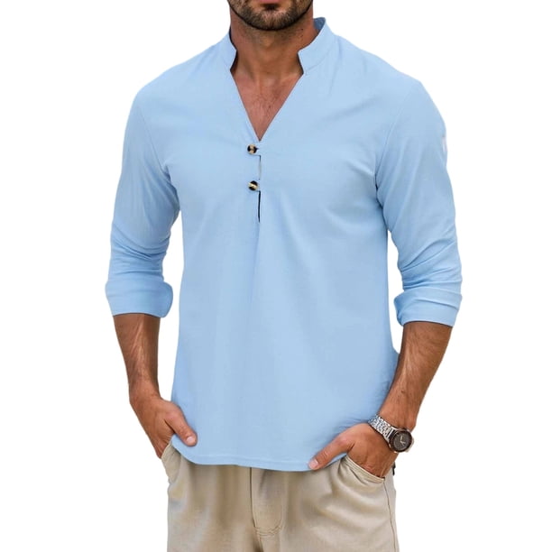 Camisas de los Hombres de Manga Larga Casual Color Sólido Solapa Mezcla de Lino, Suéter de Mitad de Cremallera para el Ocio Diario Al Aire Libre