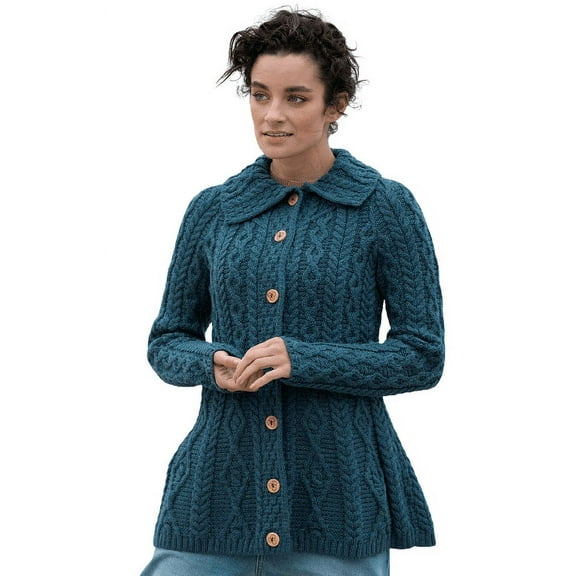 Aran Irish Knitted Cardigan Sweater 100% Merino Wool Women's Chunky Jacket with Buttons Made in Ireland