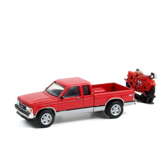 1991 GMC Sonoma Extended Cab Pickup Truck with 1920 Indian Scout Motorcycle on Hitch Carrier, Red - Greenlight 28080C/48 - 1/64 scale Diecast Model Toy Car