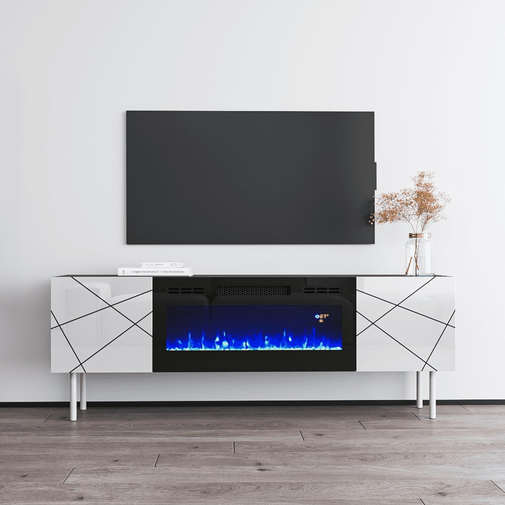 London BL-EF Fireplace TV Stand for TVs up to 70", Modern High Gloss 63" Entertainment Center, Electric Fireplace TV Media Console with Storage Cabinets