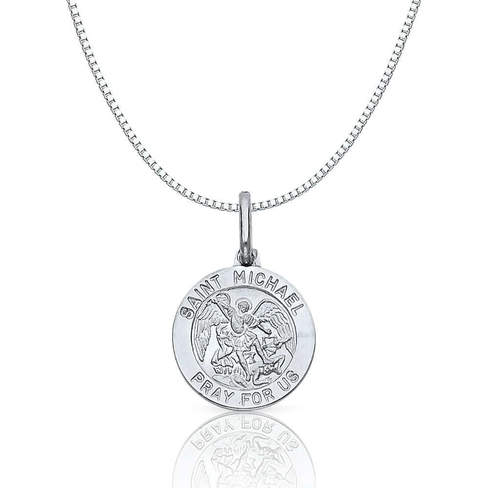 Ice on Fire Jewelry 14k White Gold Saint Michael Pray For Us Medallion Necklace 