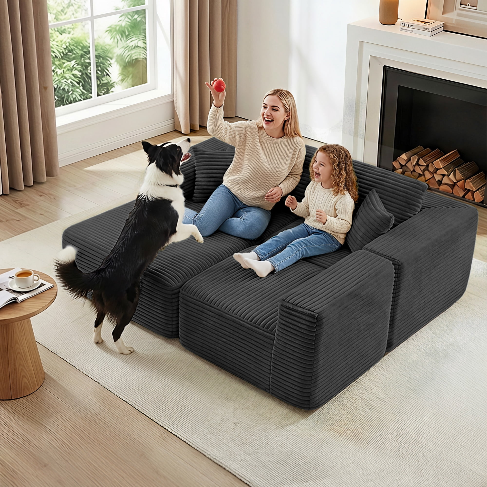 MAYEERTY Modern Corduroy Modular Sectional Sofa - Boneless Couch for Apartments & Studios, 104"W x 67"D Gray