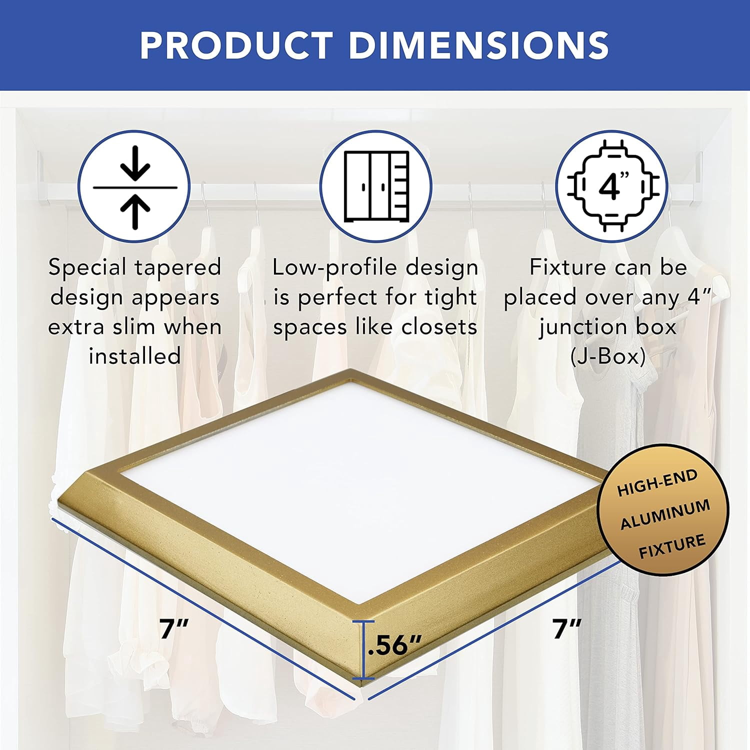 Next Glow Ultra Slim 7" LED Ceiling Light Fixture, 4000K Square, Dimmable Flush Mount Light, Brass