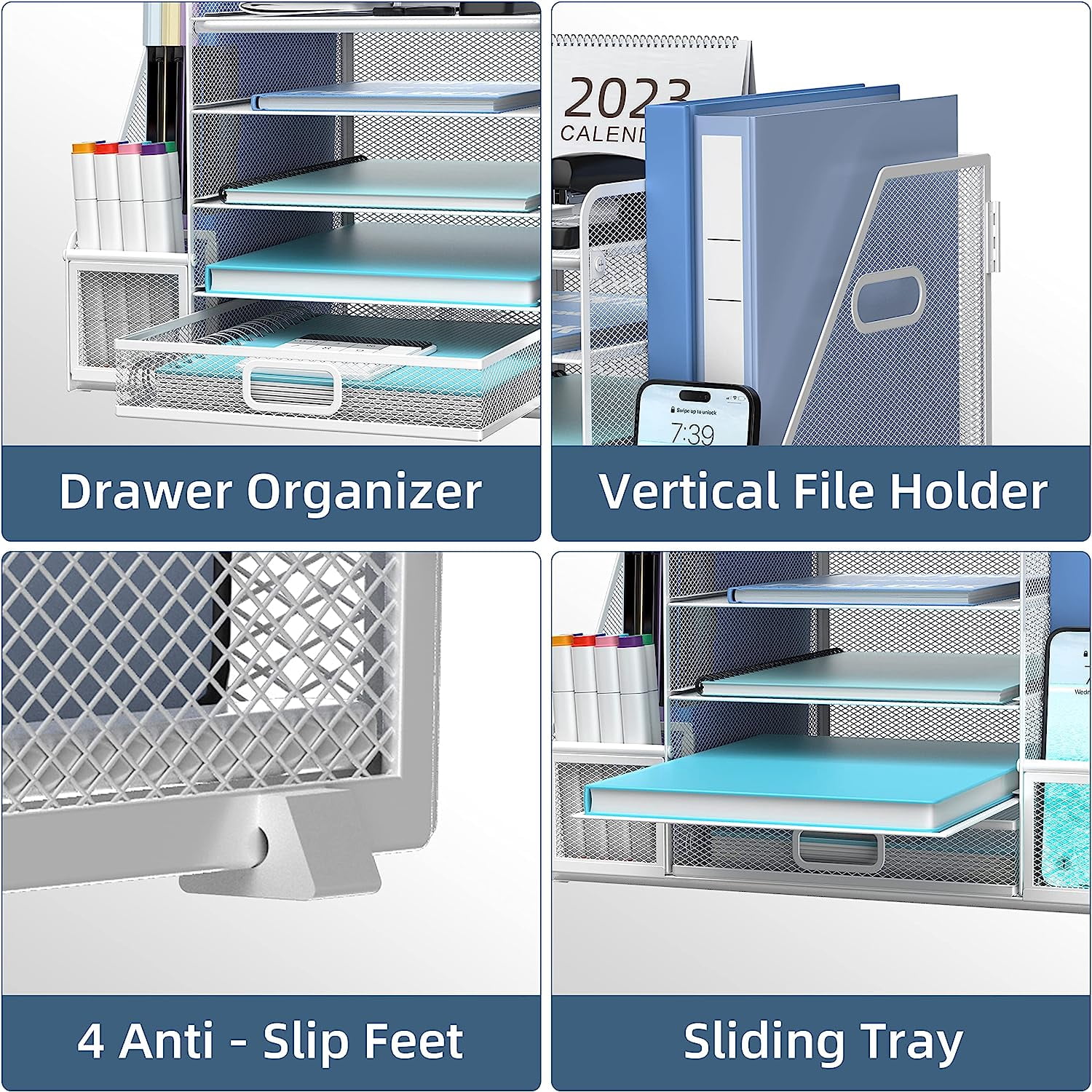 INTIGE 5-Tier Metal Mesh Desk Organizer with File Holder, Pen Holder and Drawer, White